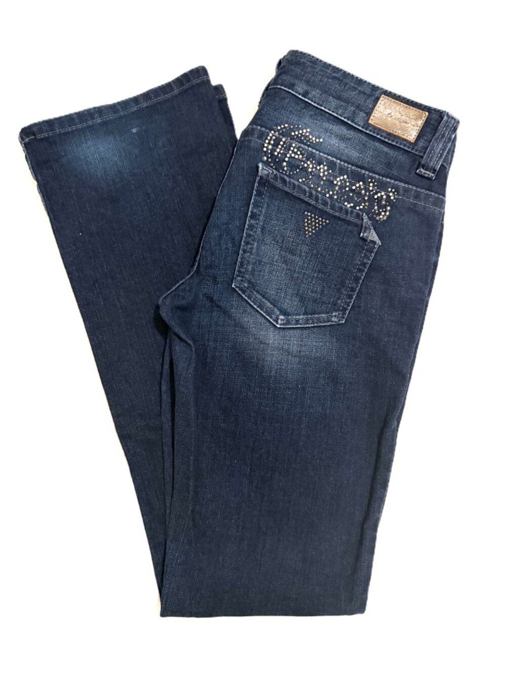 Vintage Y2K Guess Low Rise Daredevil ~ Boot Jeans Rhinestone Logo Embellished 28